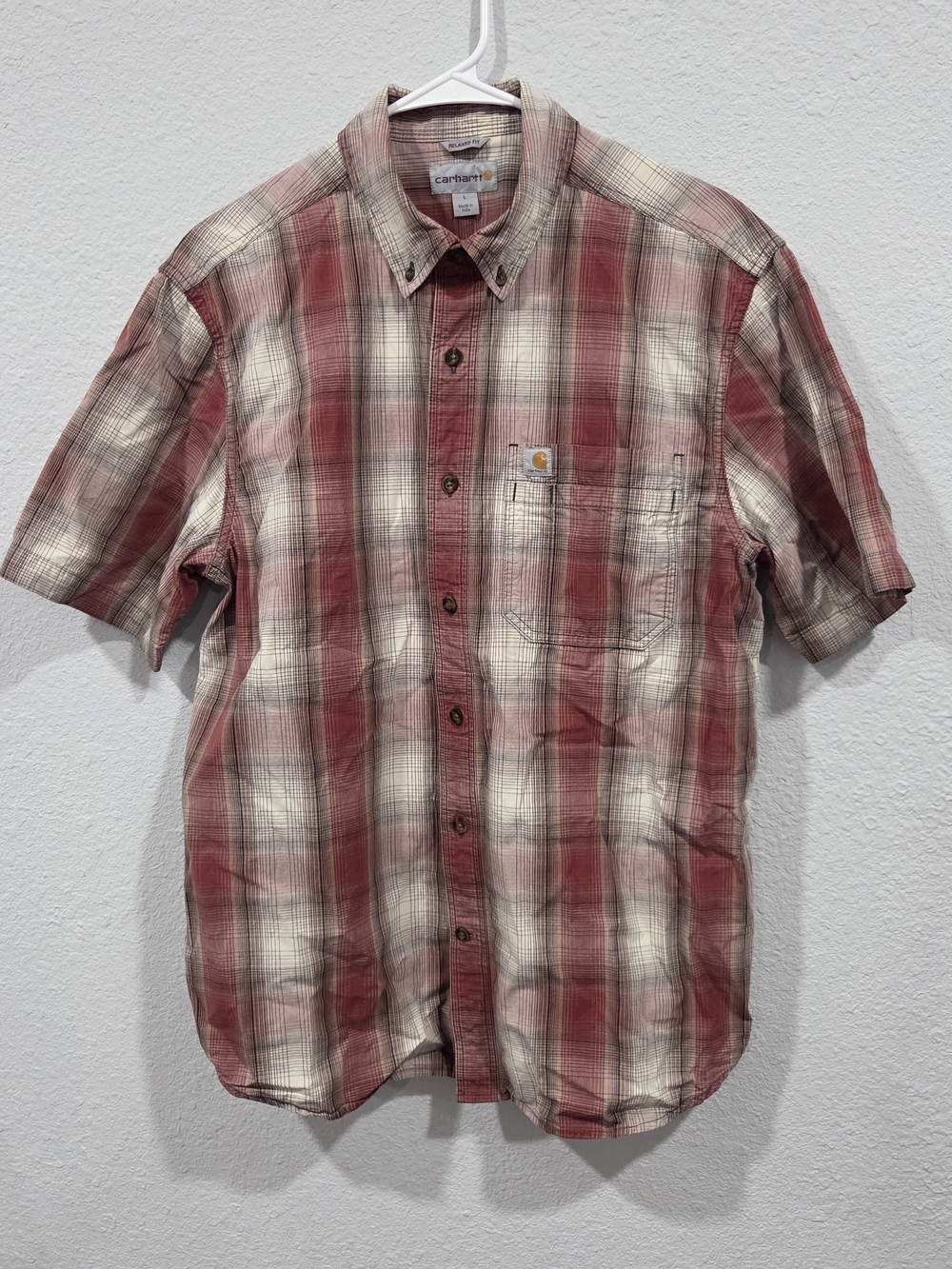 Carhartt Red and Cream Plaid Short-Sleeve Button-Down Shirt